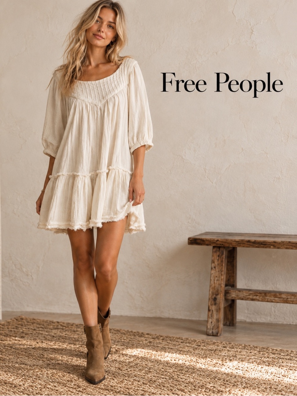 🌸Free People Cream Mystery Land Tunic  Tiered Ruffle Mini Dress size M Boho Chic